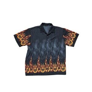 Y2K Orange Flame Button Up Shirt Full Printed Shirt Unbranded